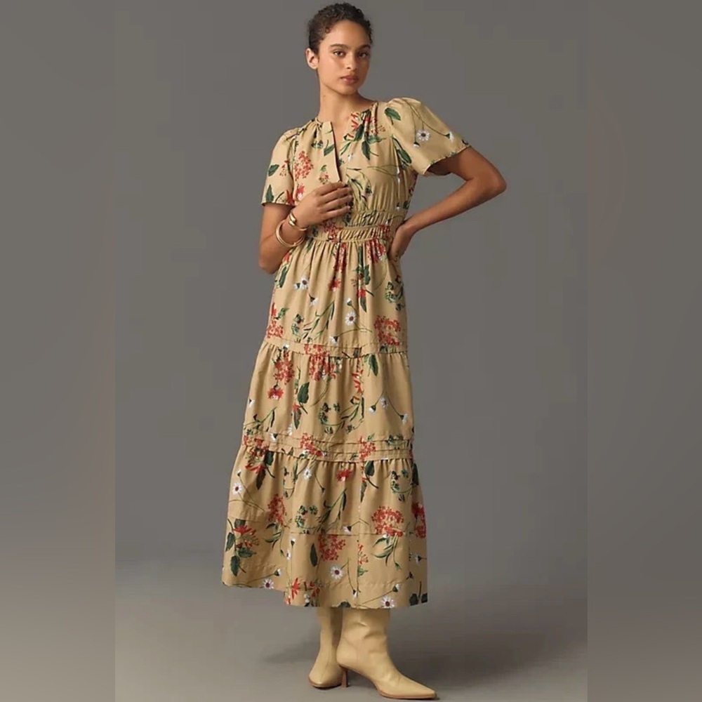 Anthropologie The Somerset Maxi Dress Cotton Tiered Size Small Khaki Floral